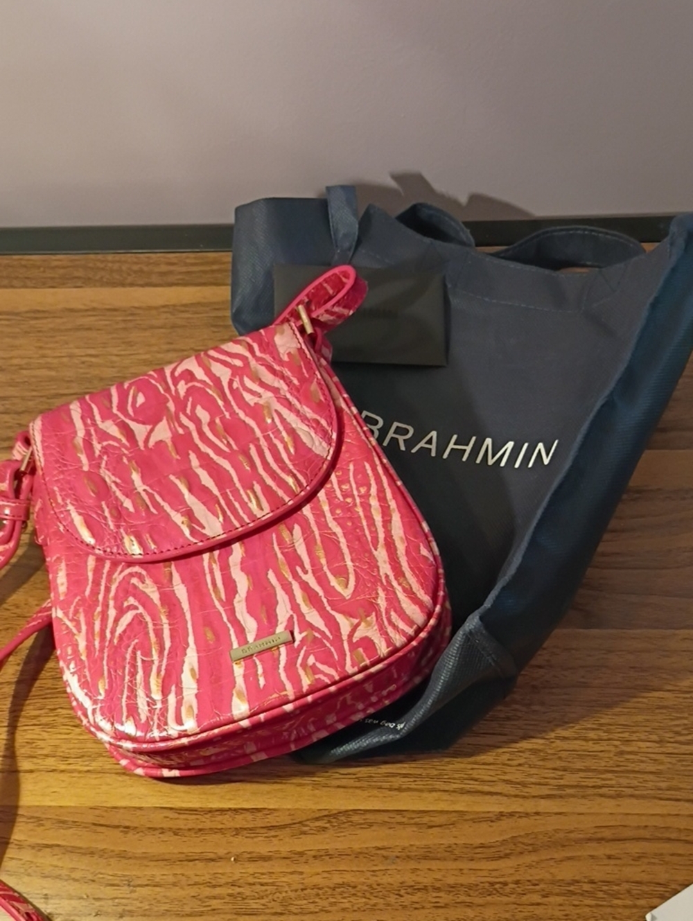 Brahmin Hot Pink and Cream Patterned Small Crossbody Bag